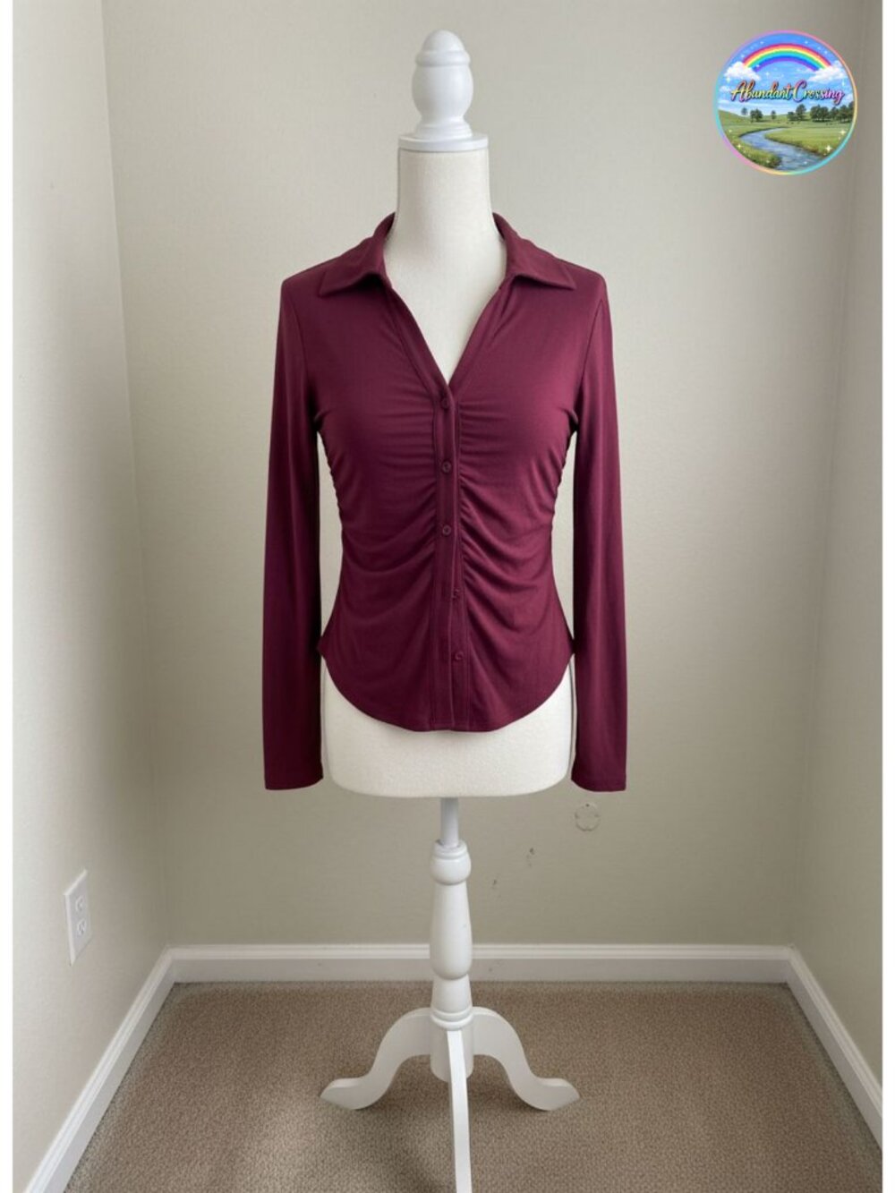Womens Button Down Shirt V Neck Ruched Slim Fit Long Sleeve Casual Top